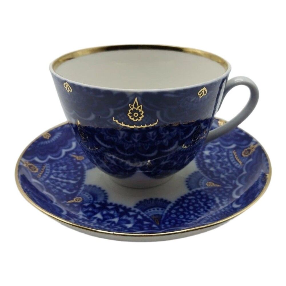 Lomonosov Tea Cup and Saucer Blue Gold Floral Design Made in Russia Dinnerware